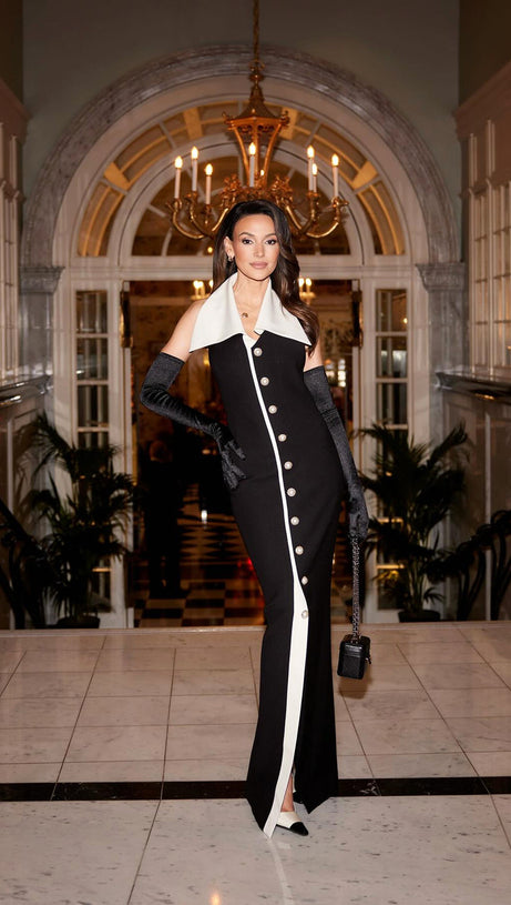 HALTER COLLAR MAXI DRESS BLACK WHITE