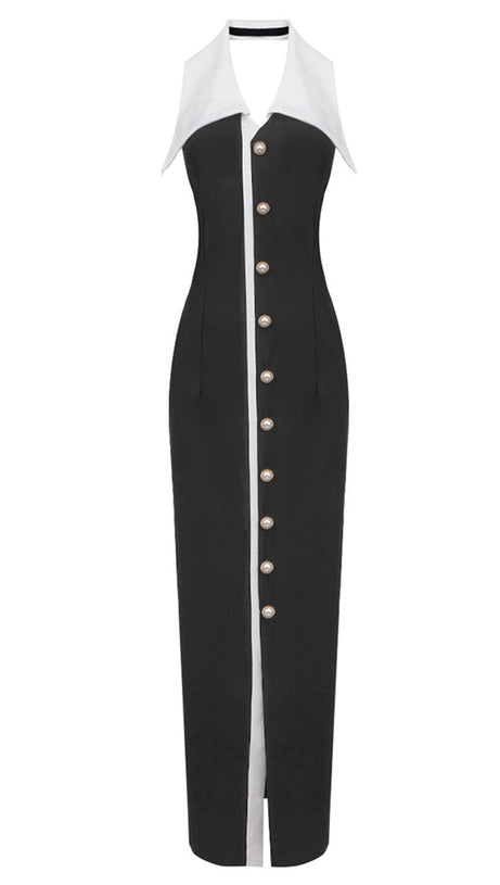 HALTER COLLAR MAXI DRESS BLACK WHITE