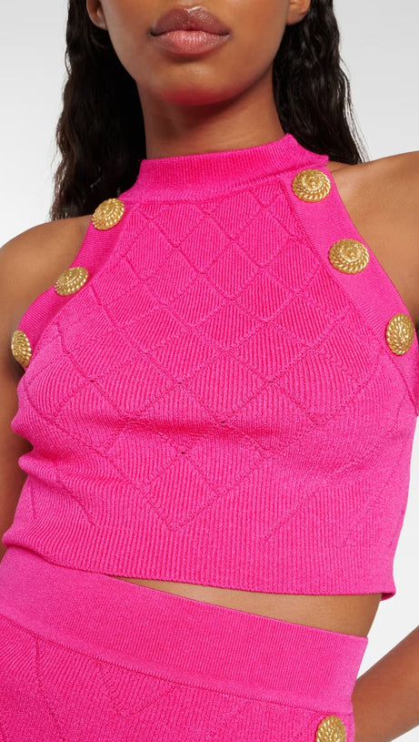 TOP CORTO IN MAGLIA A ROMBI ROSA 