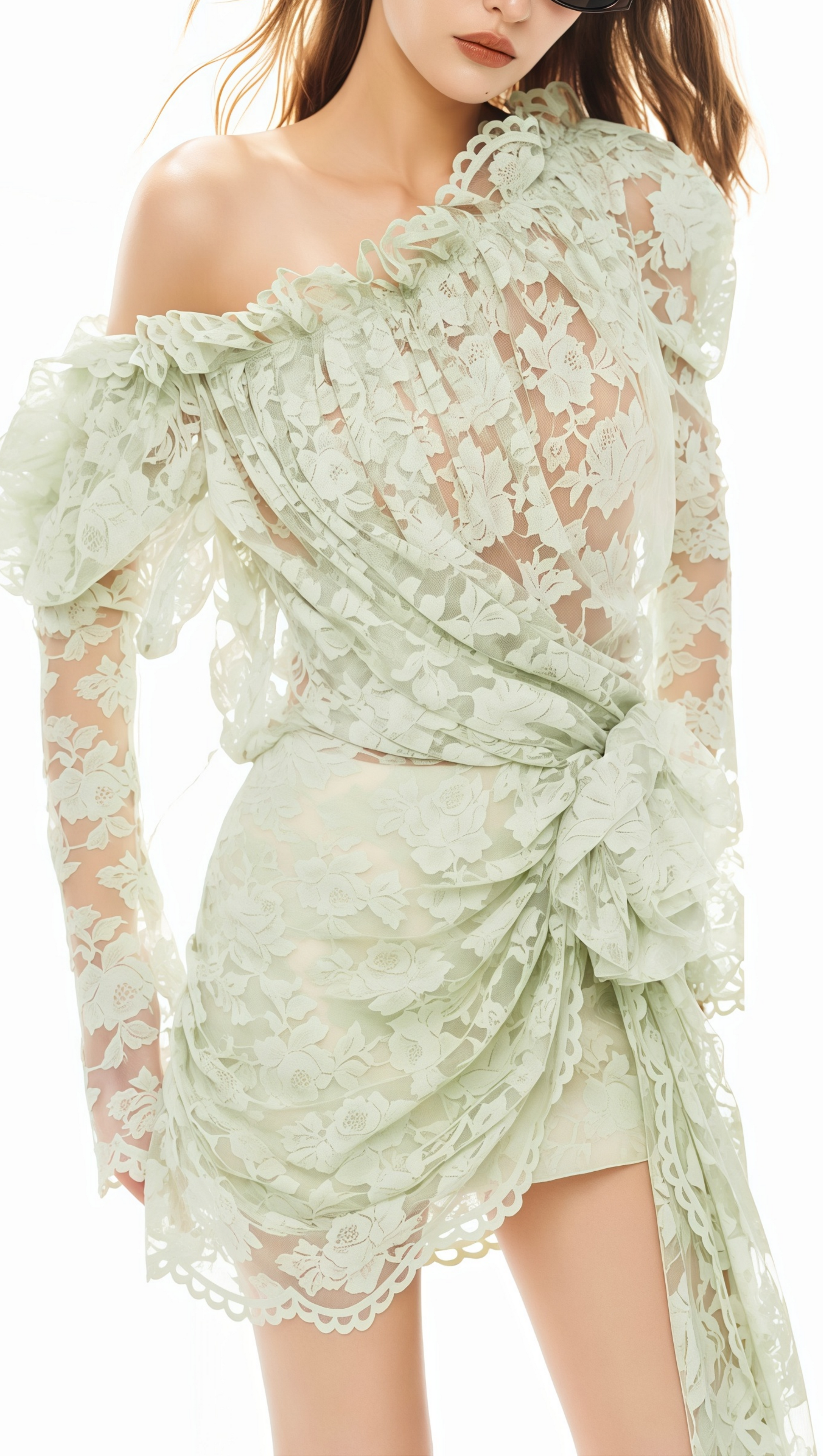 joanna 3d flower Lace hollow Asymmetrical mini Dress in green