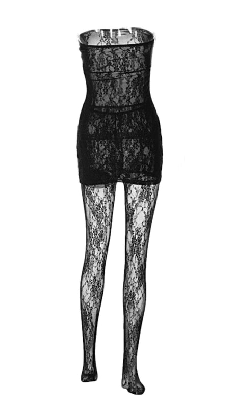 STRAPLESS LACE MINI JUMPSUIT IN BLACK