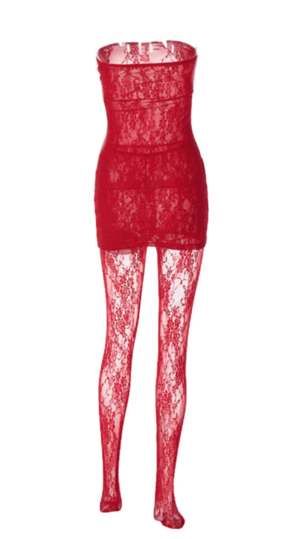 AIIZIE STRAPLESS LACE JUMPSUIT IN RED - product image