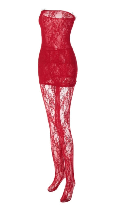 STRAPLESS LACE JUMPSUIT IN RED