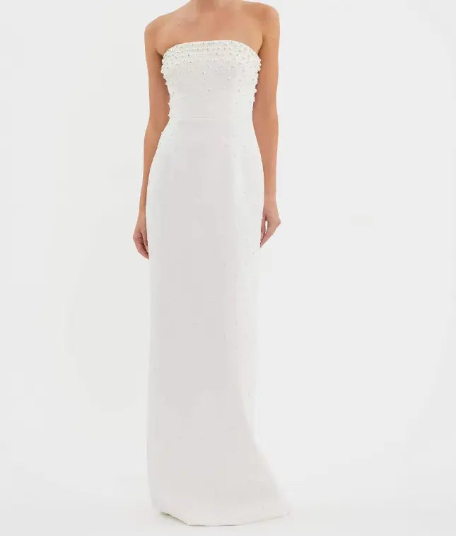 PEARL-EMBELLISHED STRAPLESS GOWN IN WHITE