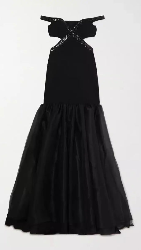 MAUD EMBELLISHED CUTOUT MAXI DRESS IN BLACK