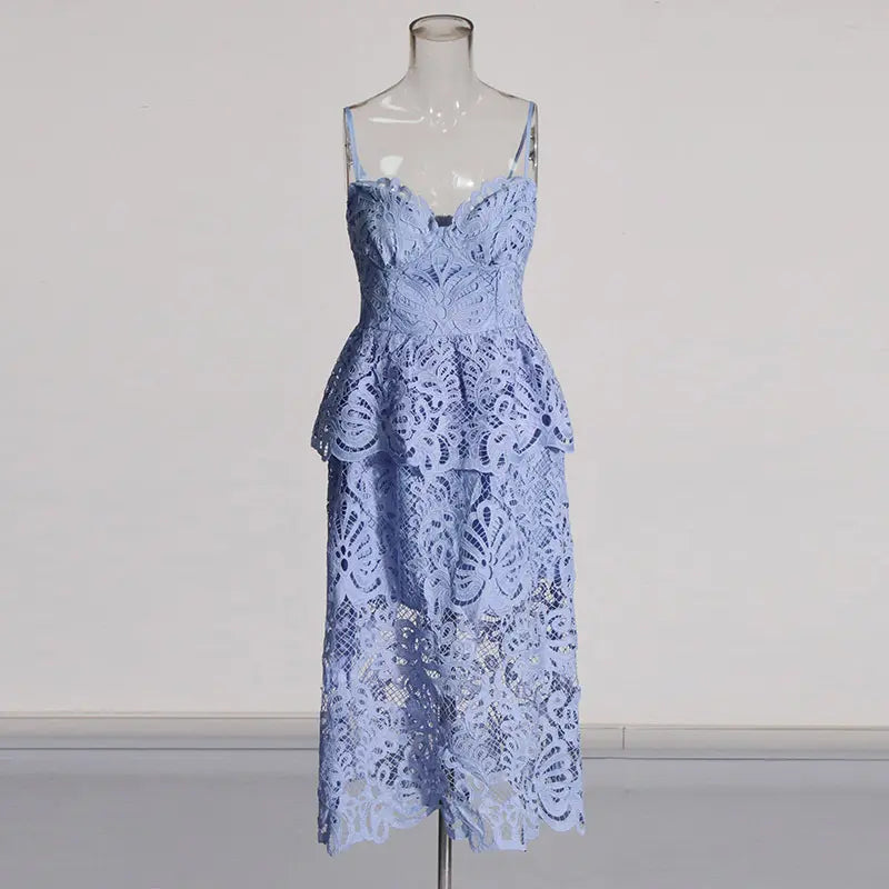 EVELYN CUT OUT LACE LAYERING MIDI DRESS IN BLUE