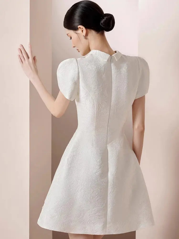 AIIZIE EARTHA WHITE PUFFY HOLLOW BROCADE MINI DRESS - product image
