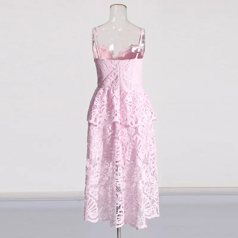 EVELYN CUT OUT LACE LAYERING MIDI DRESS IN PINK