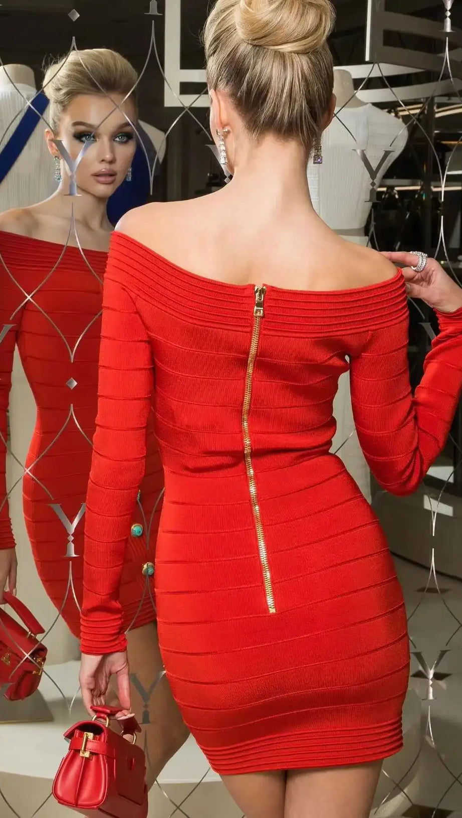 EUDORA SOLID KNIT OFF-SHOULDER METAL BOTTOM MINI DRESS