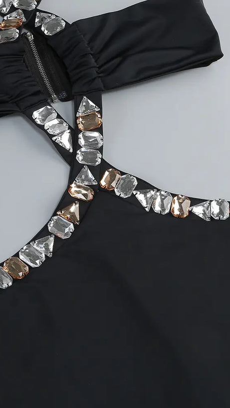 ADELA CRYSTAL EMBELLISHMENT HALTER NECK BLACK MAXI DRESS