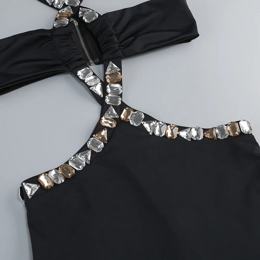 AIIZIE ADELA CRYSTAL EMBELLISHMENT HALTER NECK BLACK MAXI DRESS - product image