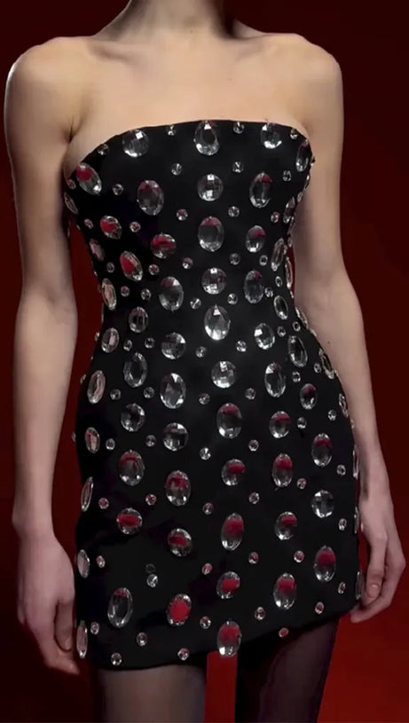 DAPHNE BLACK CRYSTAL EMBELLISHED STRAPLESS MINI DRESS