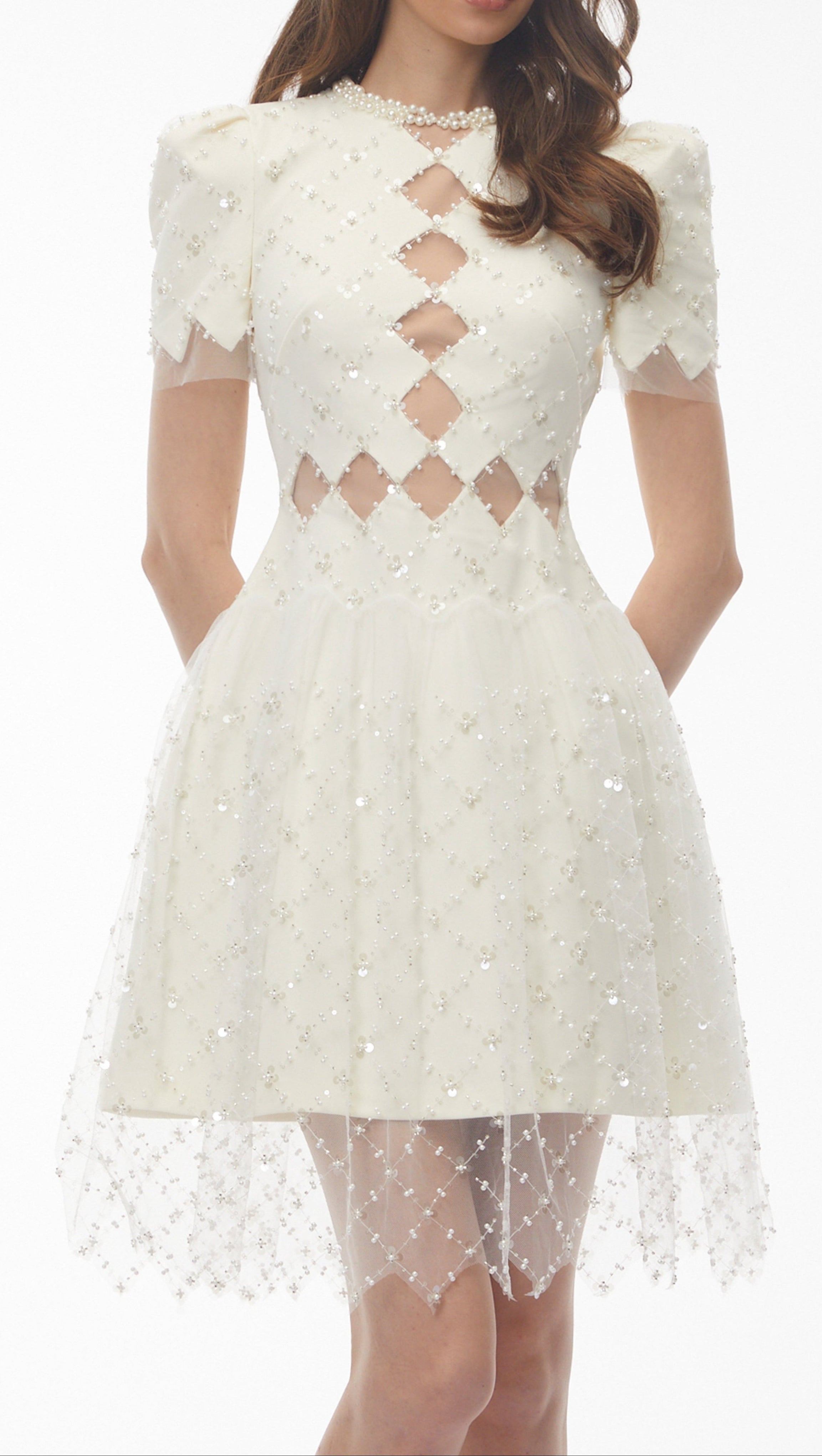 Henrietta Ivory Sequin Mini Dress with Mesh Panels