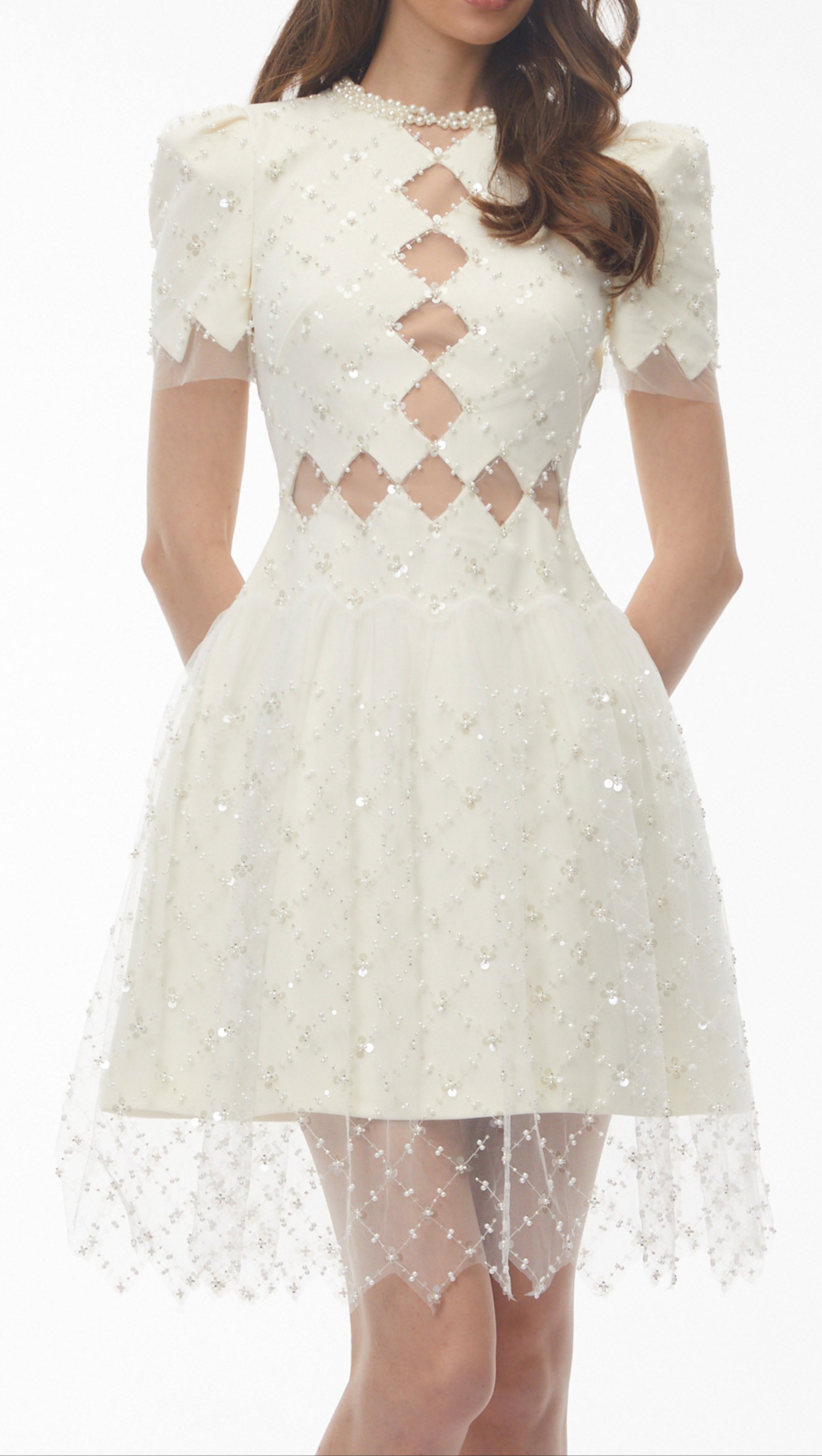 Henrietta Ivory Sequin Mini Dress with Mesh Panels