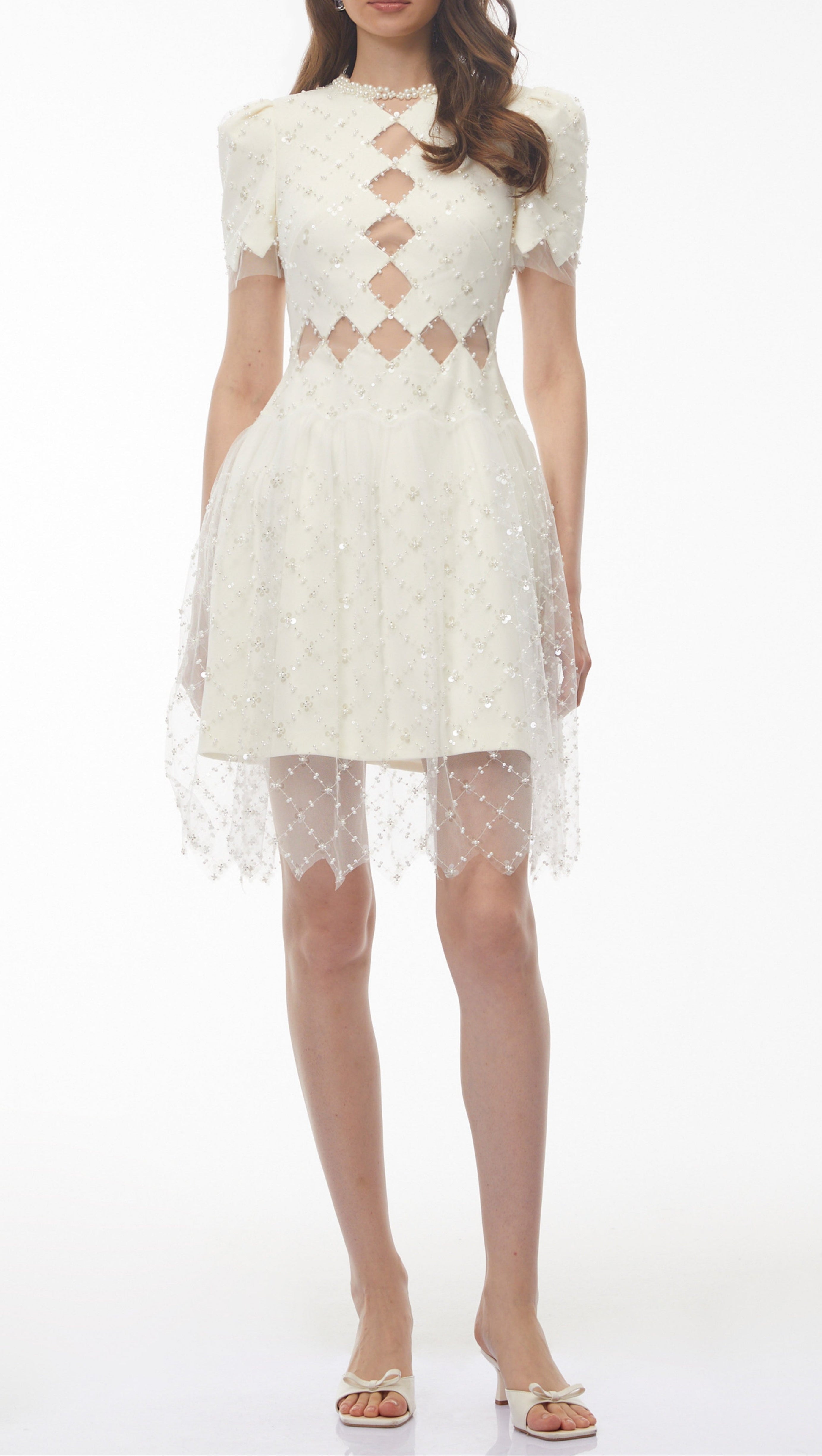 Henrietta Ivory Sequin Mini Dress with Mesh Panels