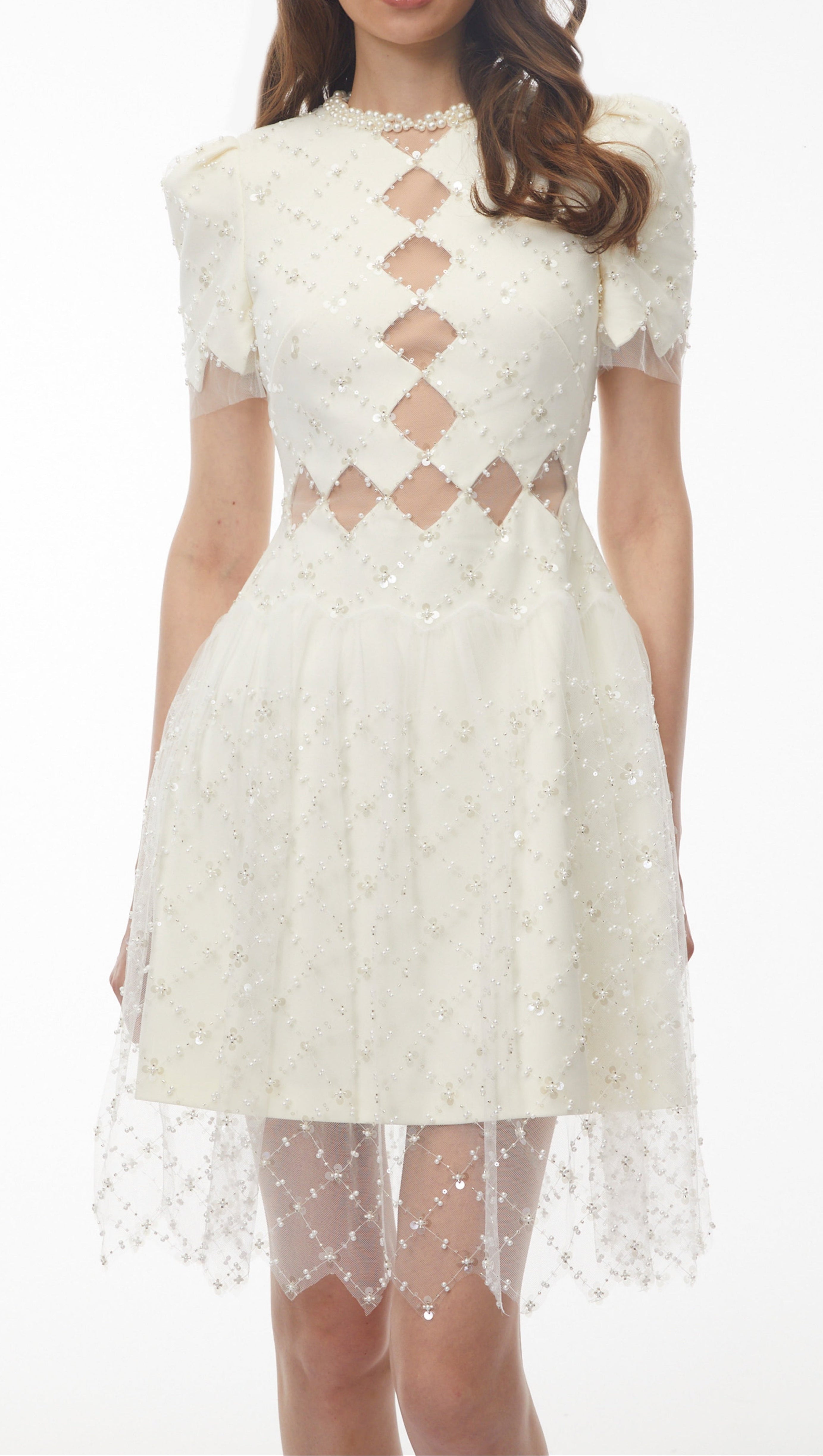 Henrietta Ivory Sequin Mini Dress with Mesh Panels