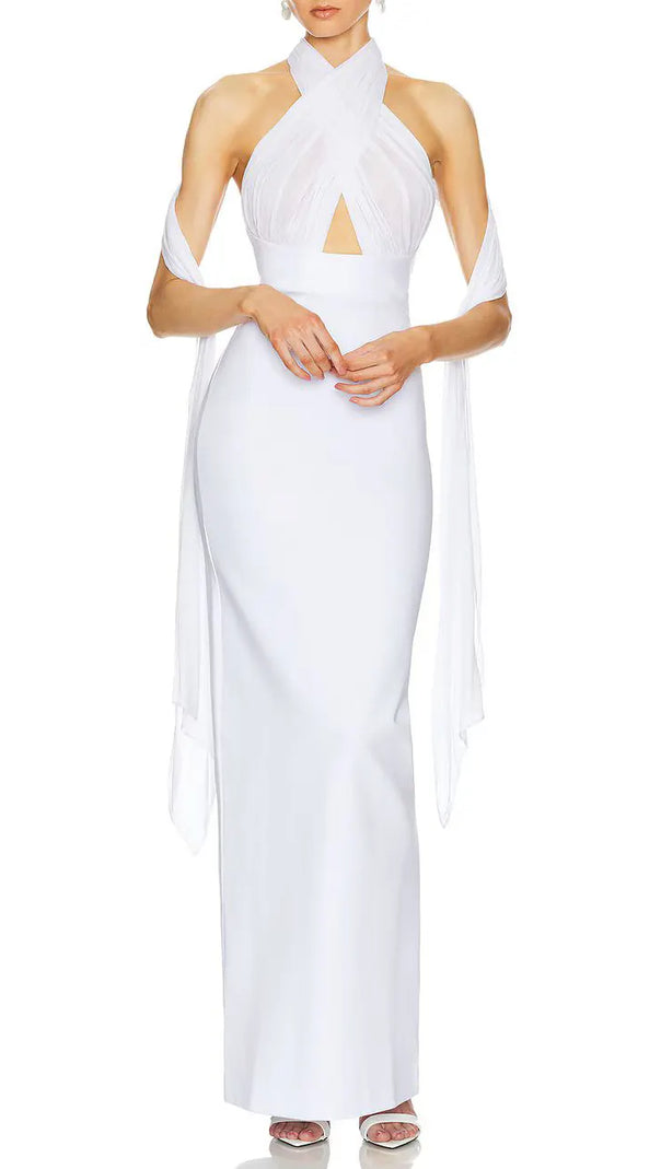 AIIZIE MERRY WHITE SHEER MESH UPPER PONTE LOWER MAXI DRESS - product image