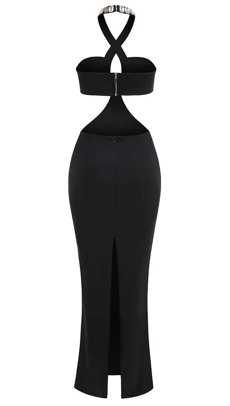 ADELA CRYSTAL EMBELLISHMENT HALTER NECK BLACK MAXI DRESS