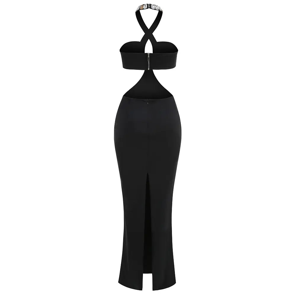 AIIZIE ADELA CRYSTAL EMBELLISHMENT HALTER NECK BLACK MAXI DRESS - product image
