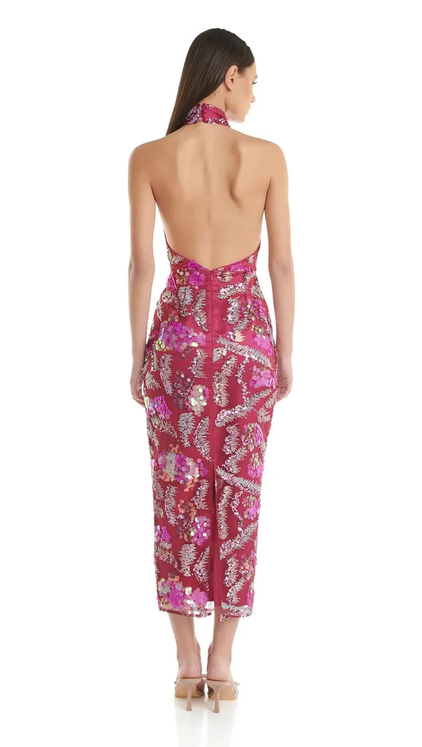 AIIZIE ALVA PINK HALTER EMBELLISHED SEQUIN BODYCON MIDI DRESS - product image