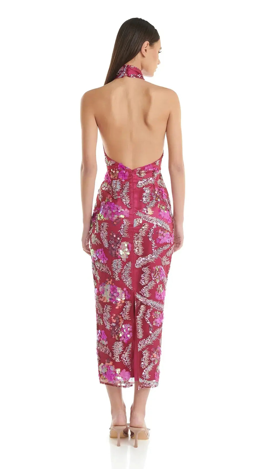 ALVA PINK HALTER EMBELLISHED SEQUIN BODYCON MIDI DRESS