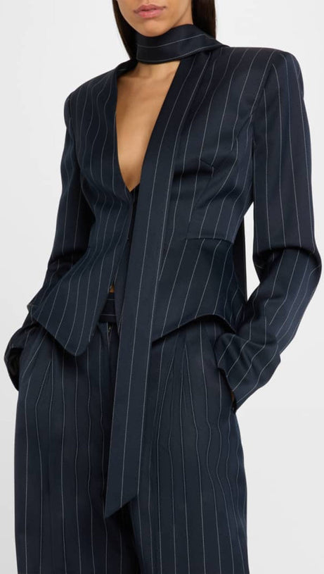 HIBYL PINSTRIPE SCARF BLAZER IN BLACK