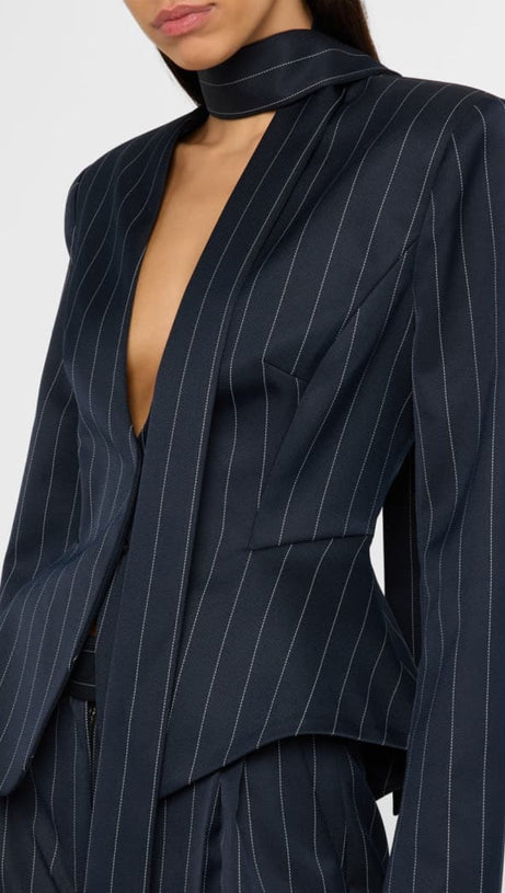HIBYL PINSTRIPE SCARF BLAZER IN BLACK