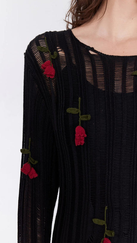 HILARIA ROSE HANDCRAFTED KNIT MIDI DRESS IN BLACK