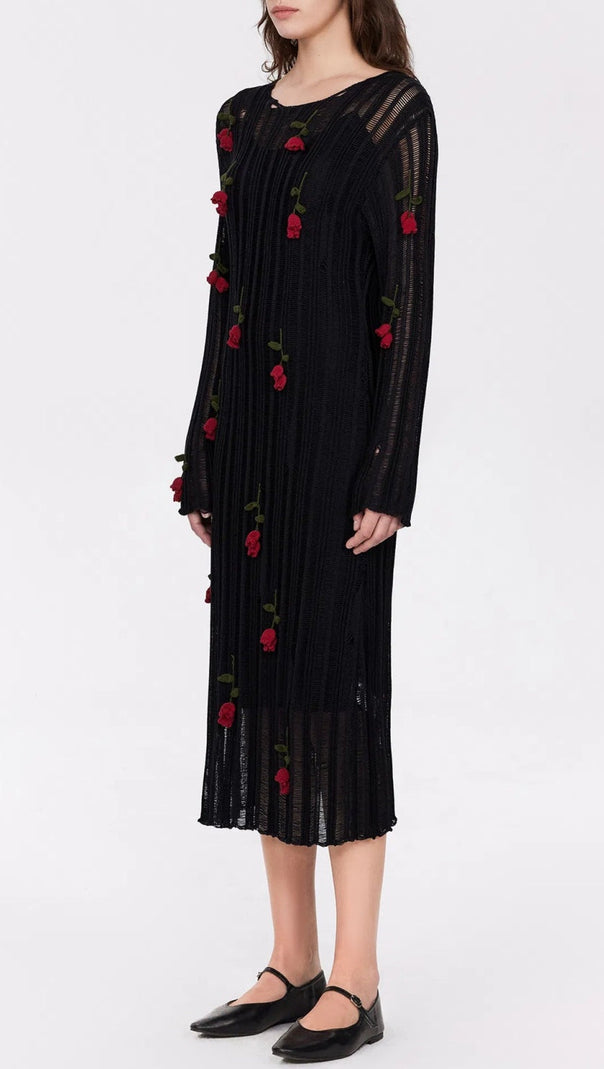 AIIZIE HILARIA ROSE HANDCRAFTED KNIT MIDI DRESS IN BLACK - product image