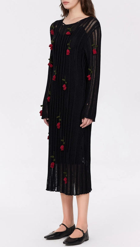 HILARIA ROSE HANDCRAFTED KNIT MIDI DRESS IN BLACK