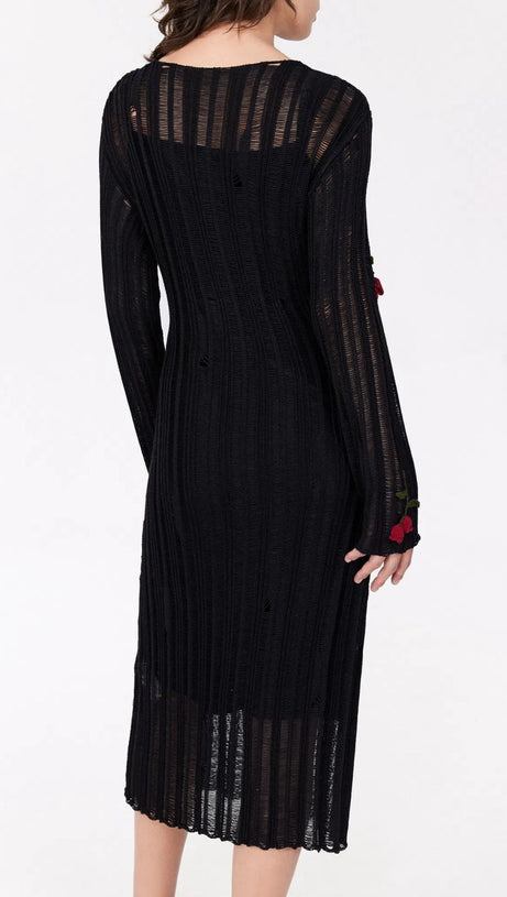 HILARIA ROSE HANDCRAFTED KNIT MIDI DRESS IN BLACK