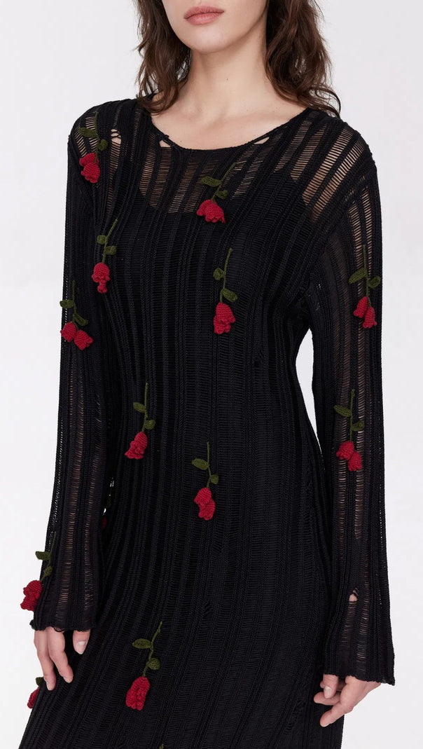 AIIZIE HILARIA ROSE HANDCRAFTED KNIT MIDI DRESS IN BLACK - product image