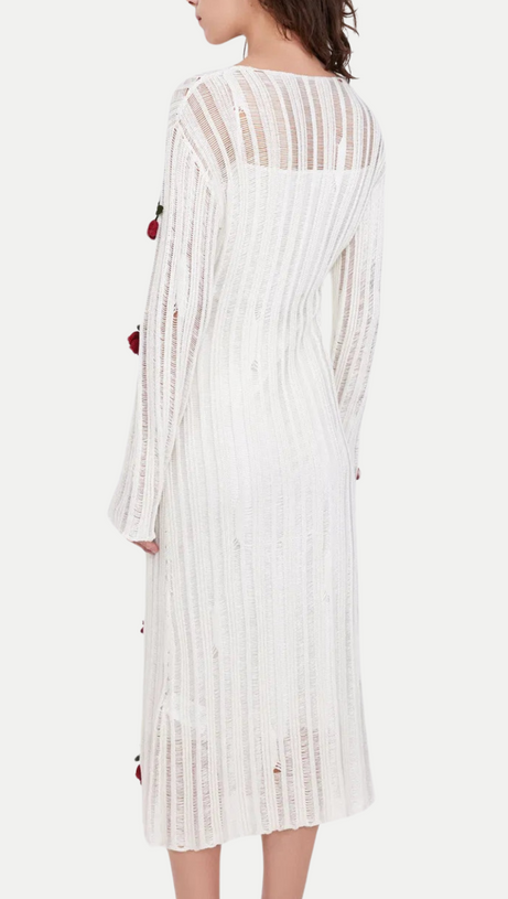 HILARIA ROSE HANDCRAFTED KNIT MIDI DRESS IN  WHITE