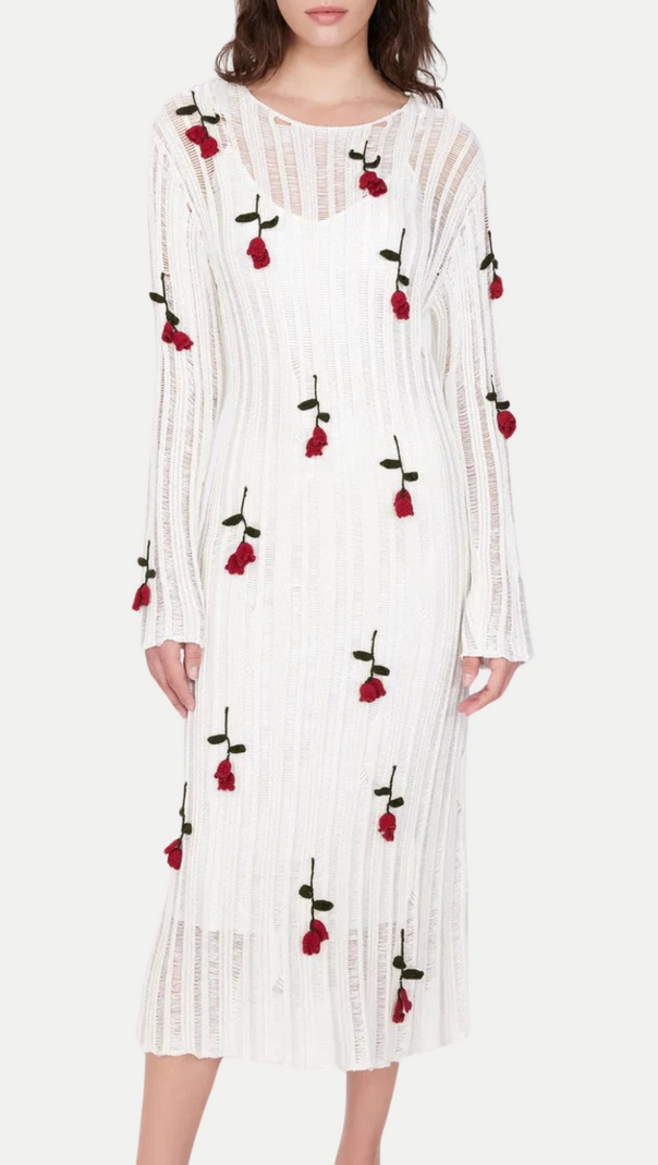 AIIZIE HILARIA ROSE HANDCRAFTED KNIT MIDI DRESS IN WHITE - product image