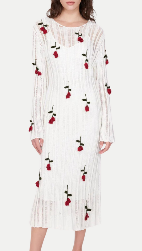 HILARIA ROSE HANDCRAFTED KNIT MIDI DRESS IN  WHITE