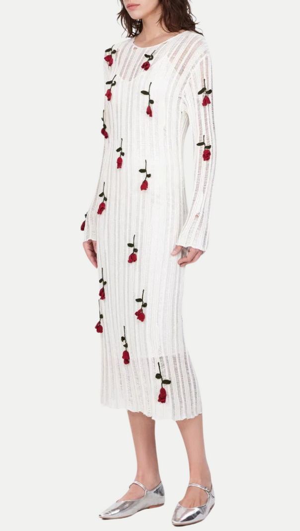 AIIZIE HILARIA ROSE HANDCRAFTED KNIT MIDI DRESS IN WHITE - product image