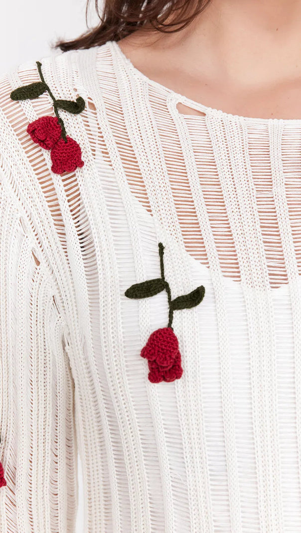 AIIZIE HILARIA ROSE HANDCRAFTED KNIT MIDI DRESS IN WHITE - product image