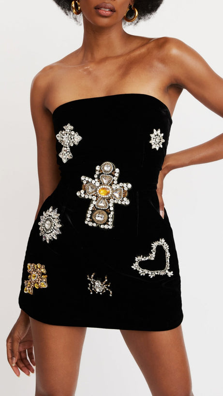 HYRINE STRAPLESS EMBELLISHED MINI BANDAGE DRESS