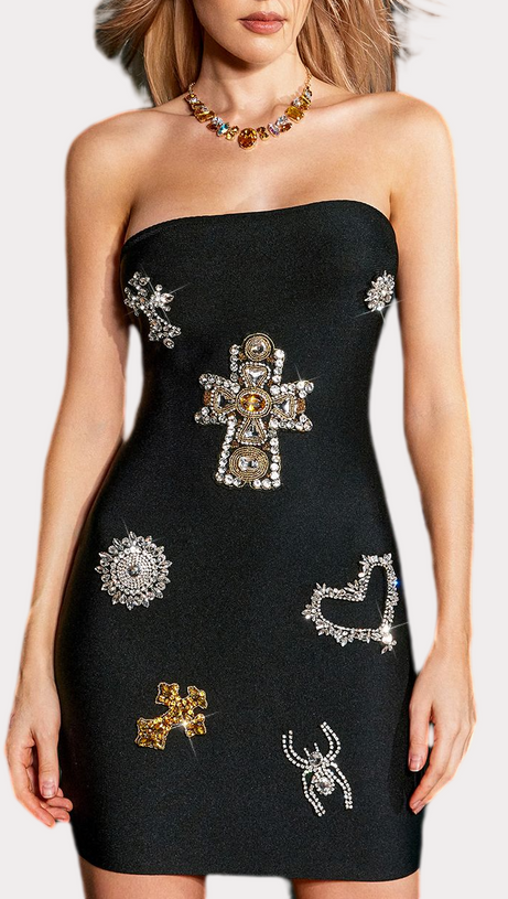 HYRINE STRAPLESS EMBELLISHED MINI BANDAGE DRESS