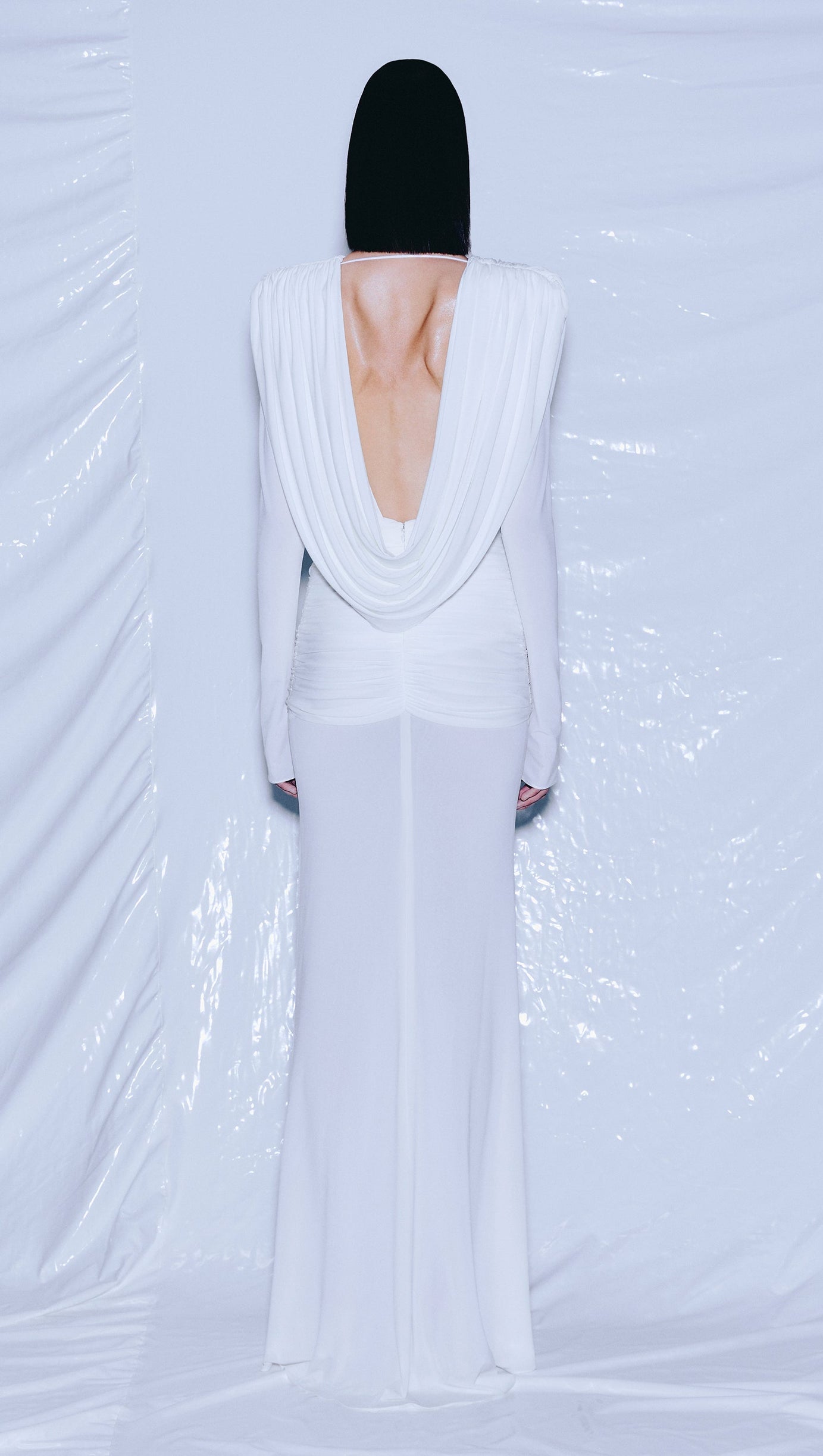 LONG SLEEVE DRAPED COWL NECK MAXI DRESS IN WHITE
