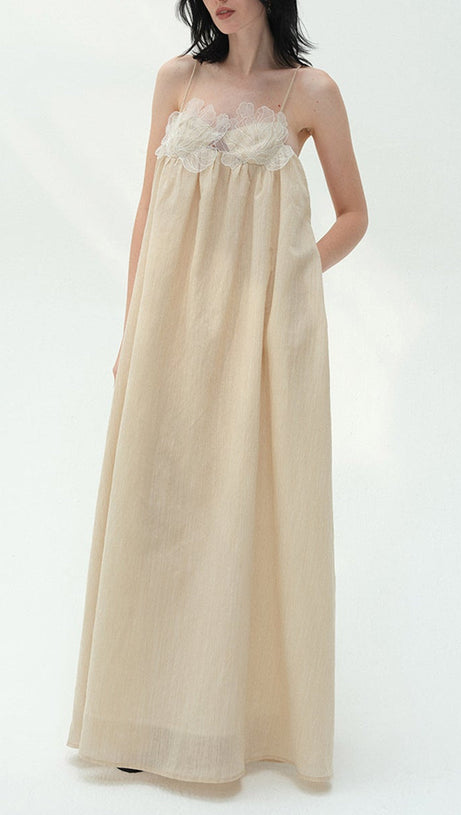 Iris-patterned halter maxi dress in khaki
