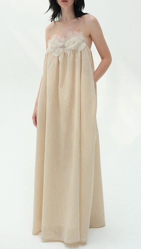 Iris-patterned halter maxi dress in khaki