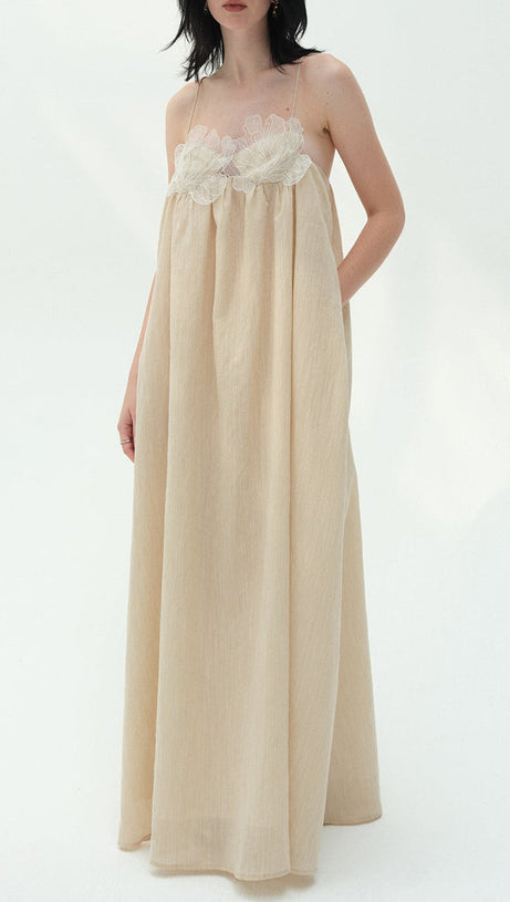 Iris-patterned halter maxi dress in khaki