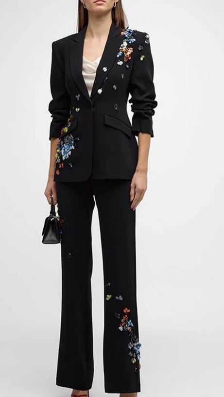SEQUIN FLOWER SCRUNCHED BLACK BLAZER SET