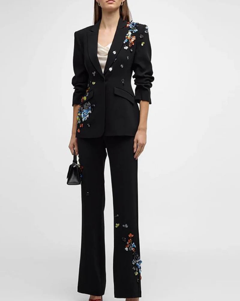 AIIZIE SEQUIN FLOWER SCRUNCHED BLACK BLAZER SET - product image