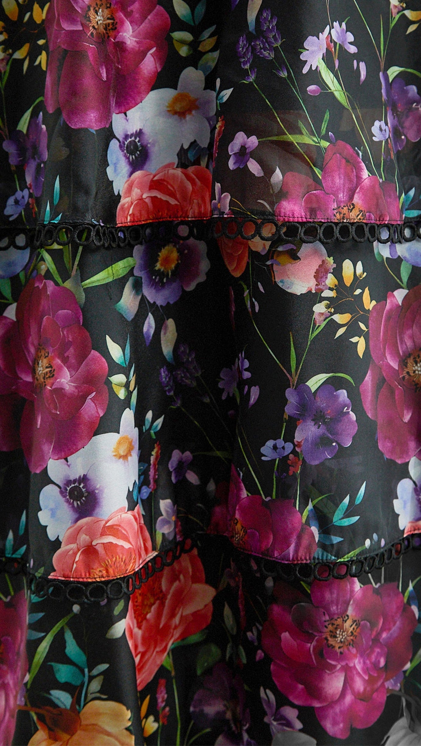 Black Floral Print Tiered Ruffle Maxi Dress