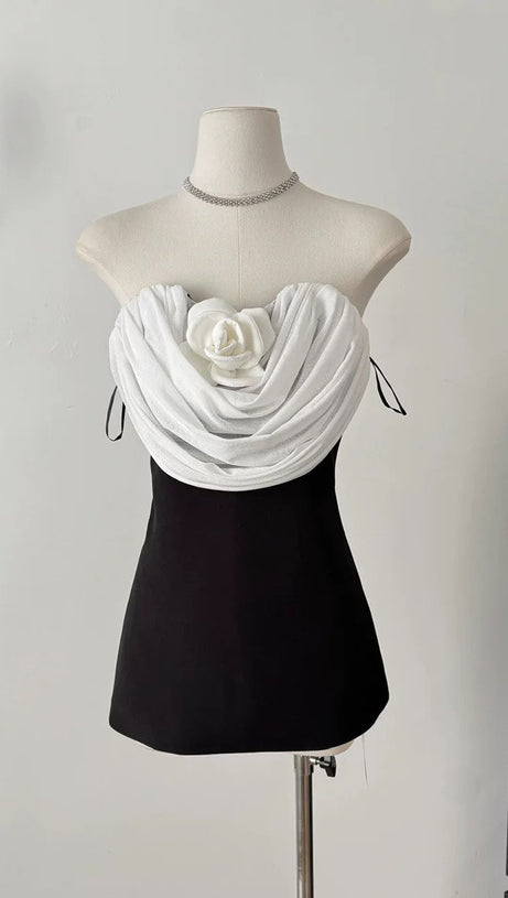 VERNA FLOWER EMBELLISHED STRAPLESS MINI DRESS IN BLACK