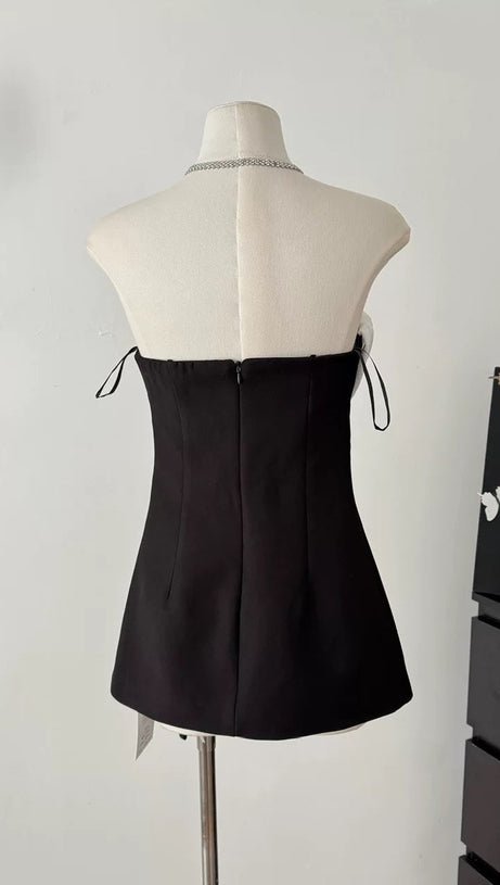 VERNA FLOWER EMBELLISHED STRAPLESS MINI DRESS IN BLACK