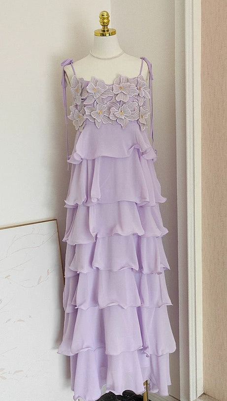 STACEY SEQUINED 3D-PETAL TIERED MAXI DRESS IN PURPLE