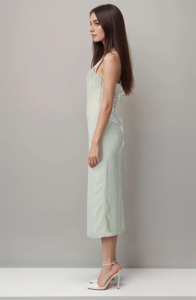 IVORY OFF-SHOULDER MIDI DRESS WITH PEARL FRINGE